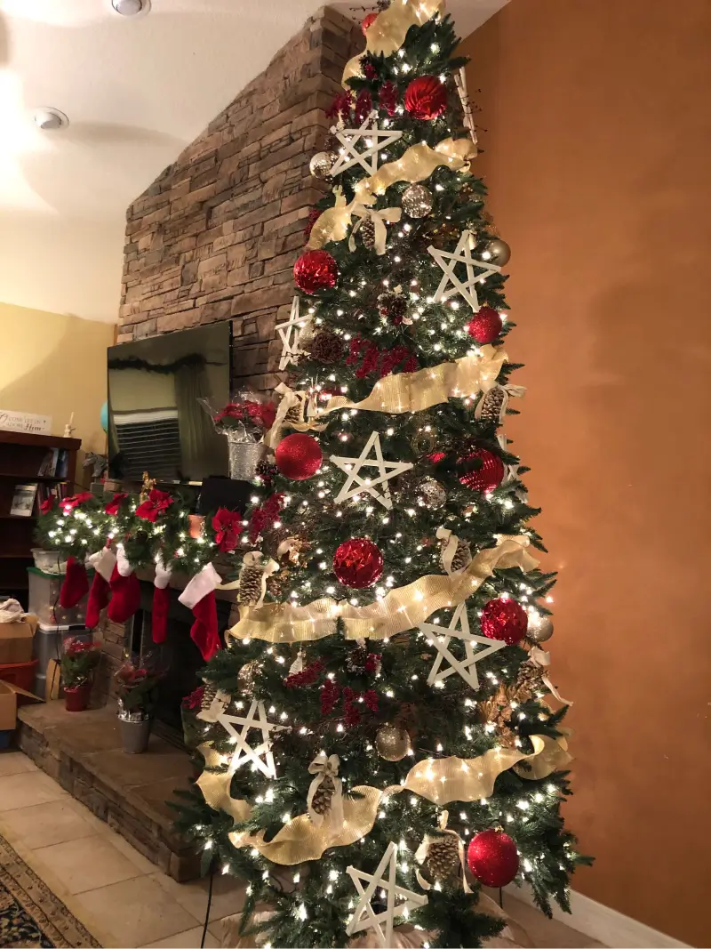 A christmas tree with red and gold decorations.